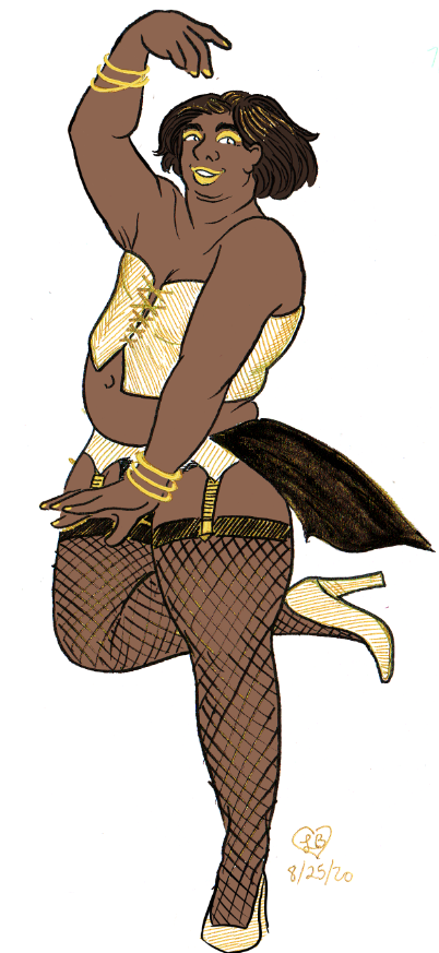 Bob as a young man, smooth and clean shaving with long hair, striking a flamboyant dancing pose. He's dressed all in black and sparkly gold--a corset, fishnets and heels, gold bangles on his wrists, gold paint on his nails and lips and over his eyes. He's flagging black on his left.