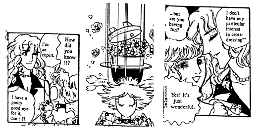 From Eroica With Love A glam-rock art thief clocks a cross-dressing spy, who realizes it. A giant rice-cooker full of roses crashes down on the agent's head. "How did you know?!" The thief winks and replies that he's an expert.