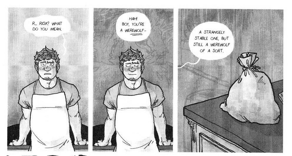 Bad Magik A man in an apron looks very nervously at a sack on the table. In the background, just barely visible in the graytones, wolf jaws appear to be coming down over his head.