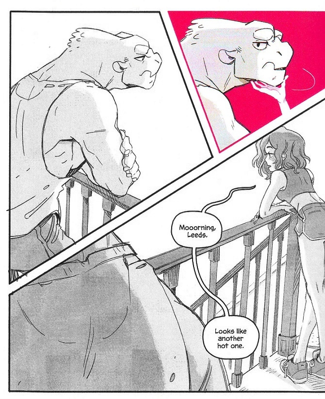 Barbarous fanbook A big monster man leans on a staircase. Suddenly, the panel turns hot pink and a disembodied hand turns his head. The colors revert to normal as he looks at a girl on the stairs, telling him good morning.