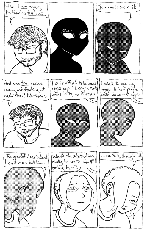 AllFam A Rogan talks Mori down from rage, and as she calms, she transforms from a black, white-eyed figure back into her normal self.