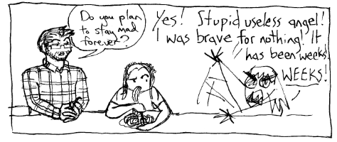 AllFam G Rogan and Mori, depicted in the semi-realistic "house style," converse with Gigi, who draws herself like a kindergartner. She is flailing her little stick figure limbs and complaining vociferously about how long memory work is taking.