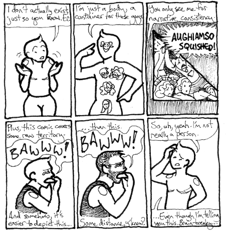 Homeless Year LB introduce themself, first using their vessel, then depicting their vessel as a container for everyone else, then showing vessel AND headmates crammed together into a far-too-small room together, switching back and forth. The vessel explains that it doesn't actually exist except for narrative convenience.