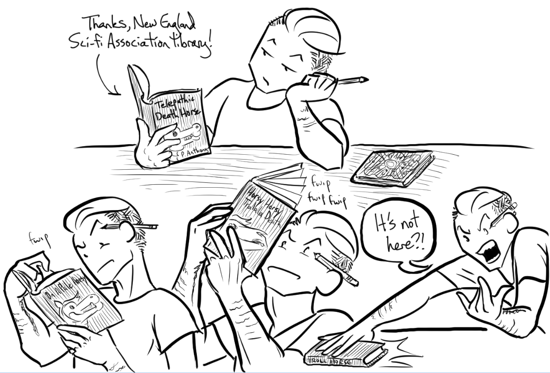 Armed with a pencil to take notes, Mori reads a book with a cover image of a skeleton horse. At first she just looks bored, only to look steadily more and more aggravated, flip through more and more quickly, finally smacking the book down and going, "It's not here?!" The book is variously titled: Telepathic Death Horsy, On a Pale Horsy, Horsy Horsy Tralala Death, and Troll Horsy.