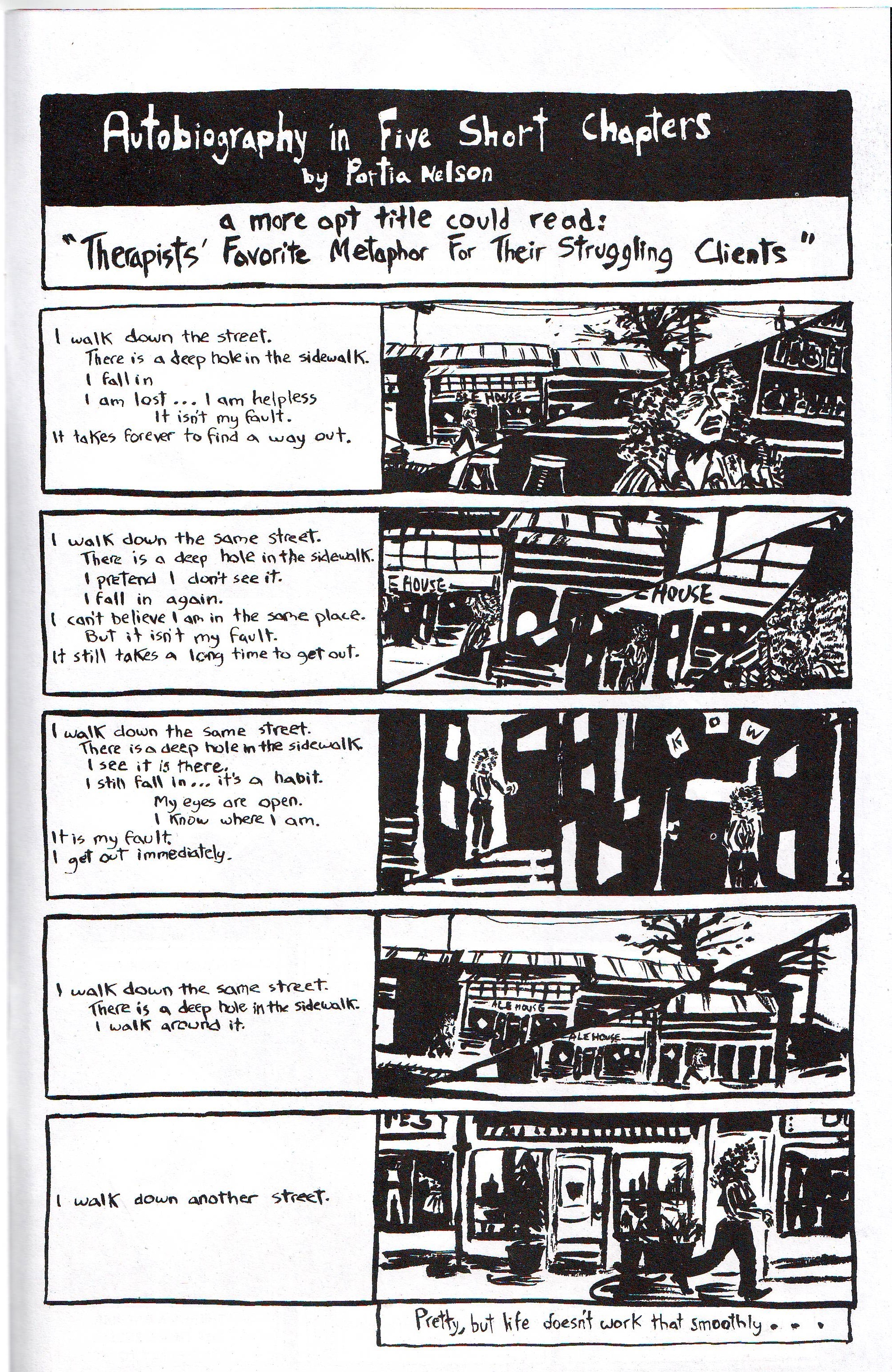 Cuckoo 01 A comics page, illustrating Portia Nelson's "Autobiography in Five Short Chapters," or, as Clell calls it, "Therapists' Favorite Metaphor For Their Struggling Clients". Chapter/Panel 1: I walk down the street. There is a deep hole in the sidewalk. I fall in. I am lost... I am helpless. It isn't my fault. It takes forever to find a way out. Chapter/Panel 2: I walke down the same street. There is a deep hole in the sidewalk. I pretend I don't see it. I fall in again. I can't believe I am in the same place. But it isn't my fault. It still takes a long time to get out. Panel/Chapter 3: I walk down the same street. There is a deep hole in the sidewalk. I see it is there. I still fall in... it's a habit. My eyes are open. I know where I am. It is my fault. I get out immediately. Panel/Chapter 4: I walk down the same street. There is a deep hole in the sidewalk. I walk around it. Panel/Chapter 5: I walk down another street. A final caption from Clell reads, "Pretty, but life doesn't work that smoothly..."